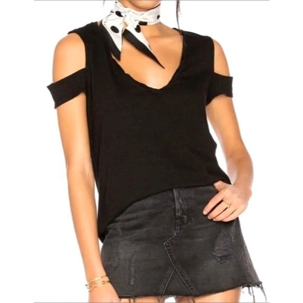 Pam & Gela Shirt Women XS Black Knit V Neck Cold Shoulder Tee Athleisure Gothic